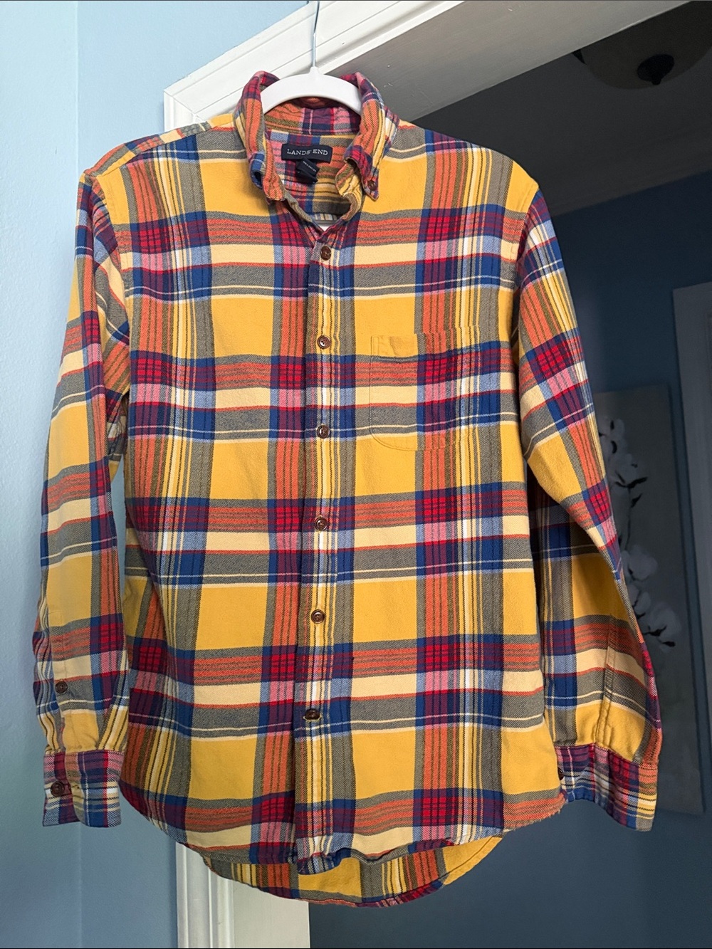 Lands' End Yellow Plaid Button-Down Shirt with Blue and Red Accents